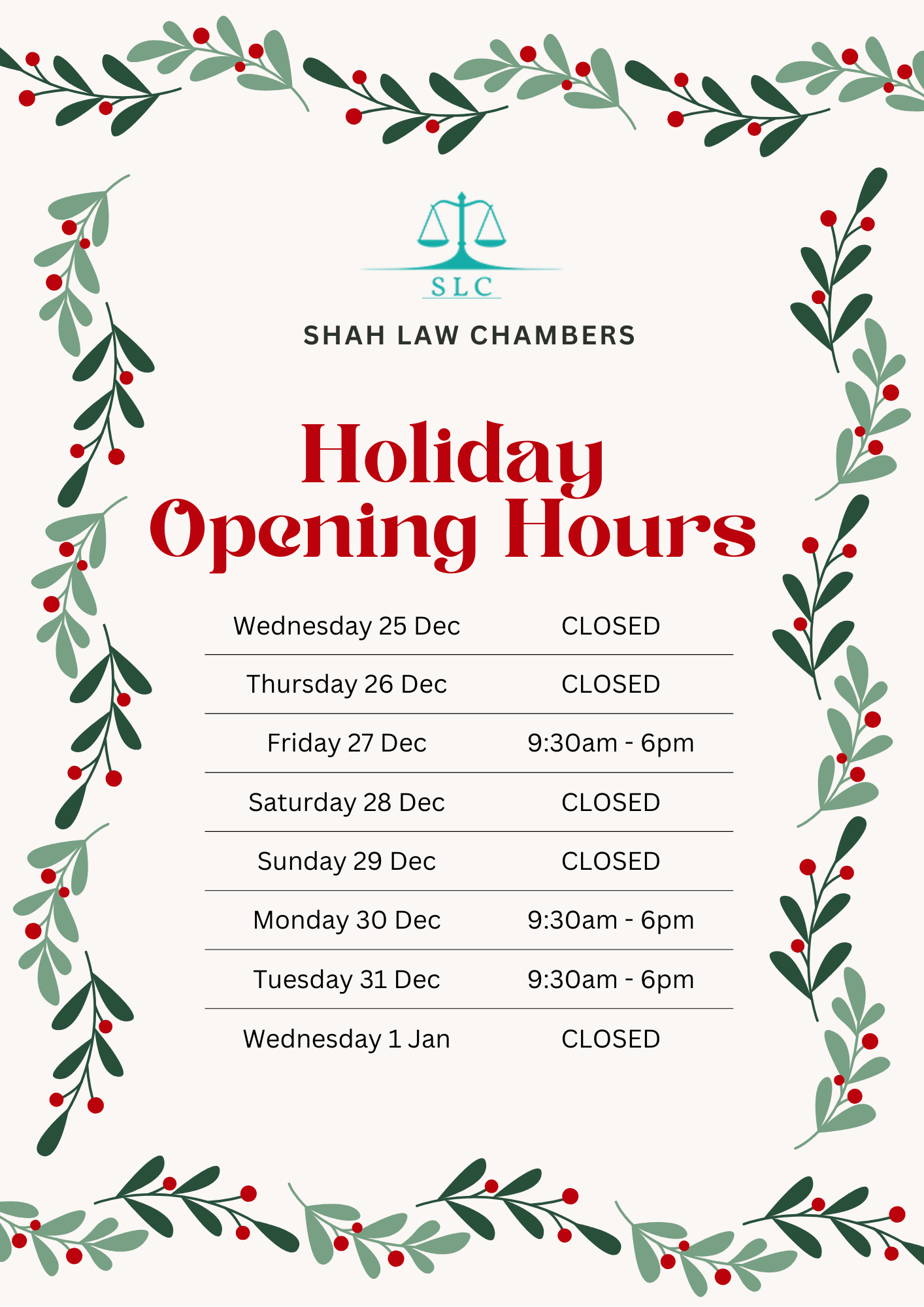 Holiday Opening Hours